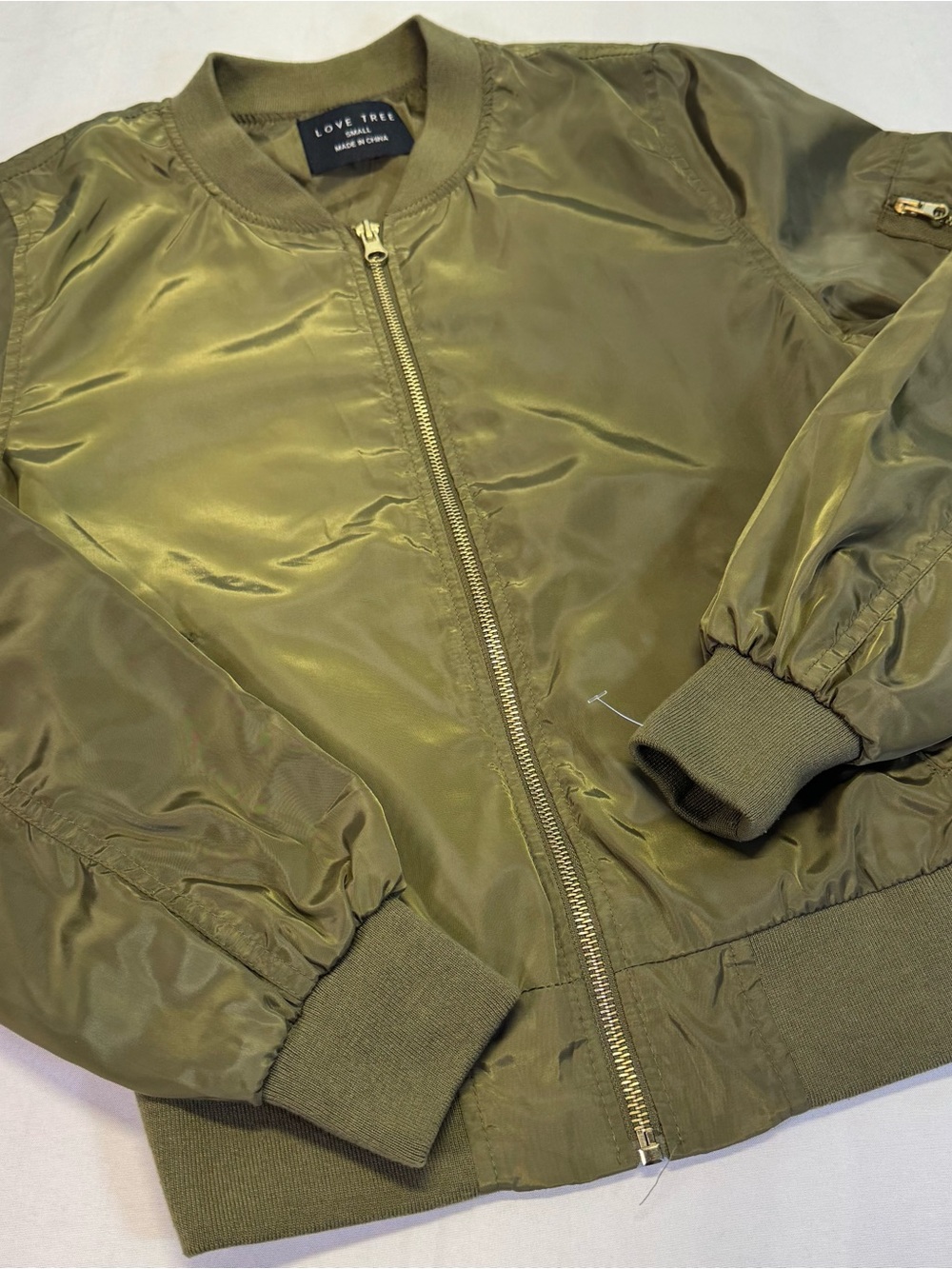 Love Tree Olive Bomber Jacket with Gold Zipper